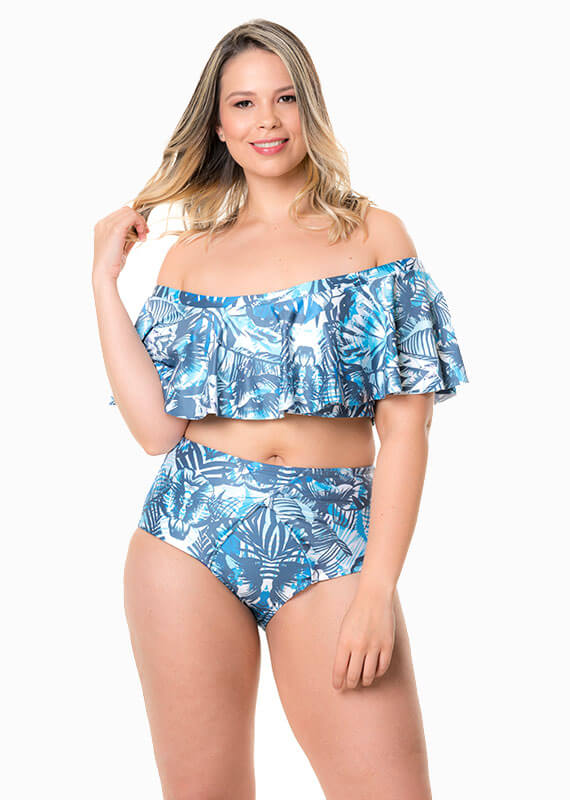 Top bikini hombros descubiertos azul tropical